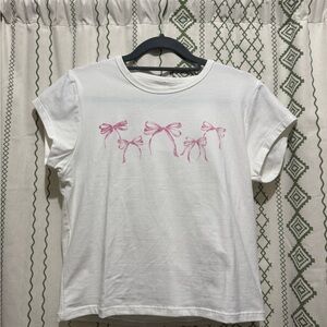 White Crop Top with Pink Bow Design